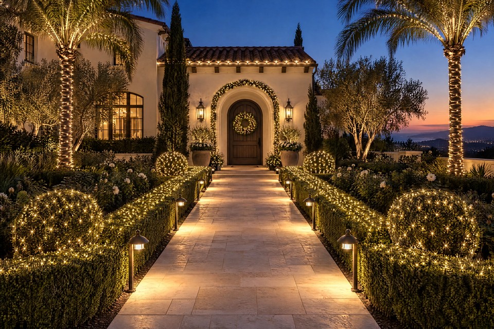 Design visualization: limestone walk between boxwood hedges and spheres covered in warm white lights, leading to an arched entry with a wreath.