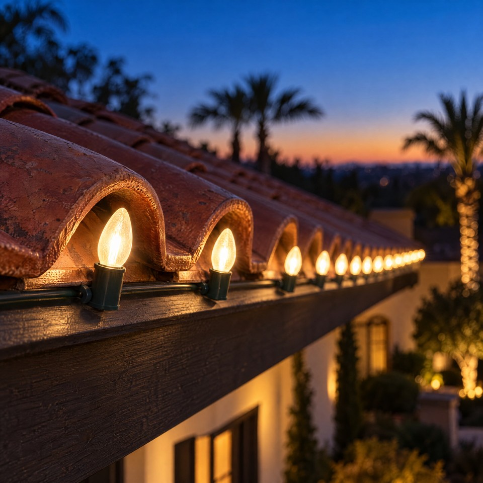 Design visualization: close-up of warm white C9 bulbs in dark green sockets clipped under red clay barrel tiles, the row fading into soft bokeh.