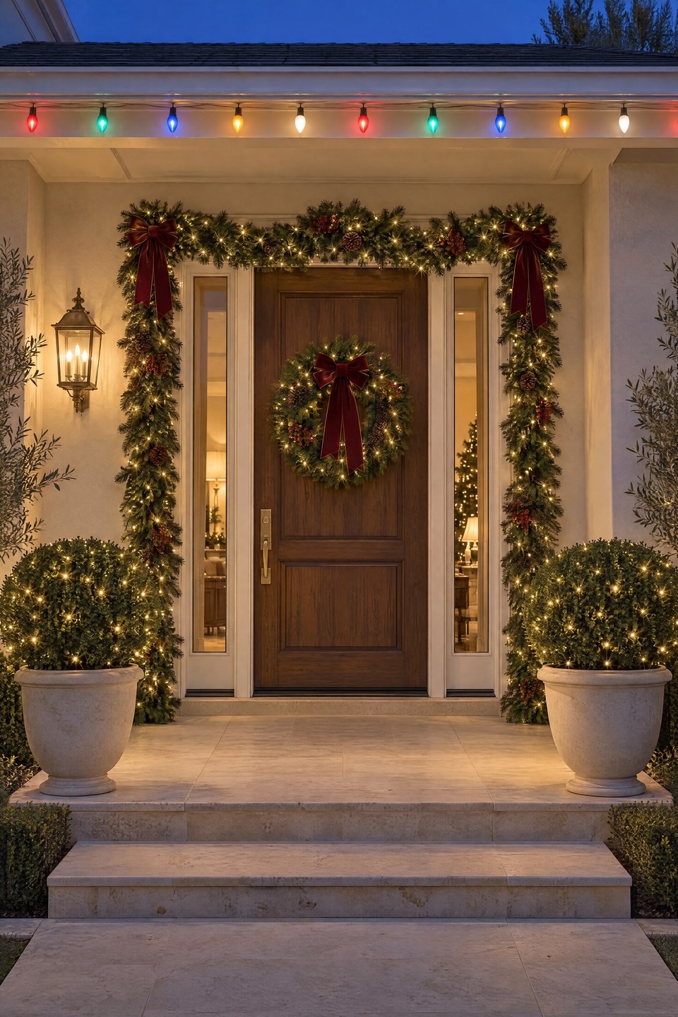 Design visualization: walnut front door framed by a warm white garland with red velvet bows, a matching wreath, and multicolor C9s on the eave.