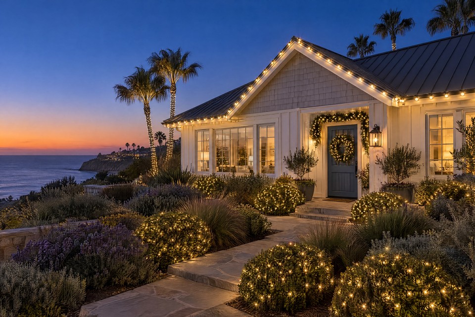 Design visualization: white coastal cottage on an ocean bluff at dusk with warm white C9 gables, a lit wreath on a blue door and glowing shrubs.