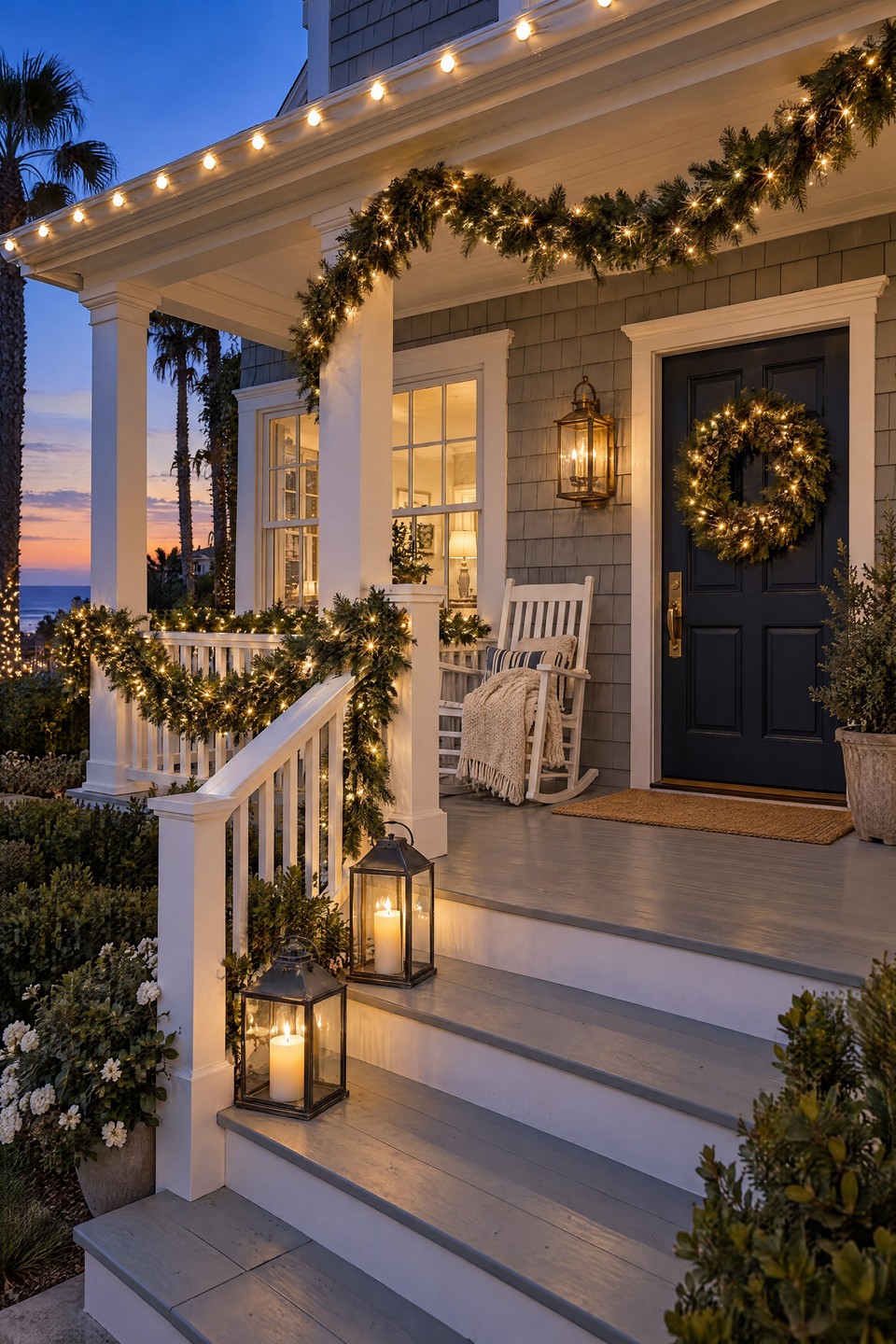 Design visualization: shingled coastal porch with a lit garland swagged along the railing and beam, a wreath on a navy door and candle lanterns.