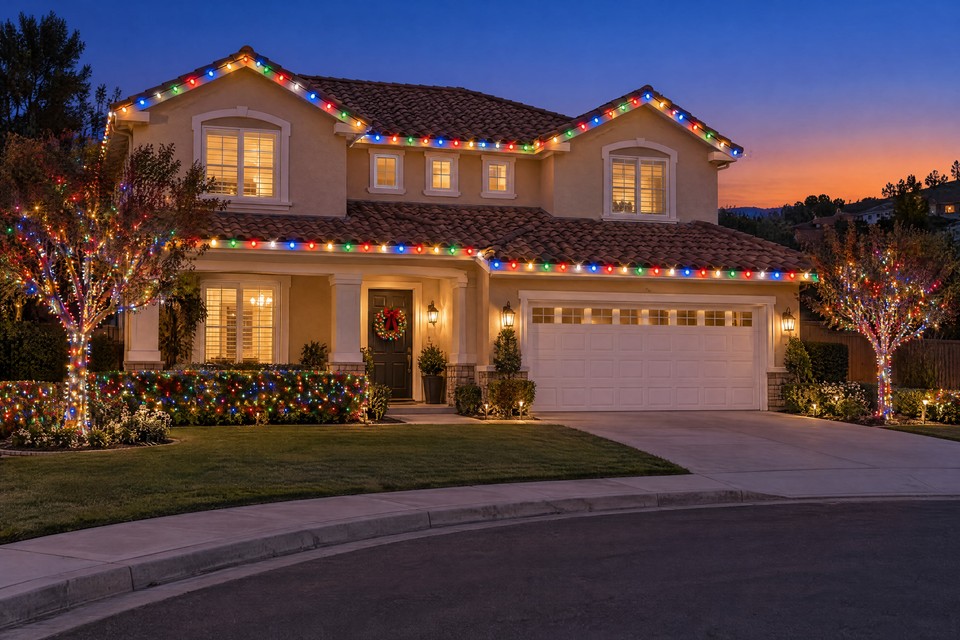 Design visualization: two-story cul-de-sac home at blue hour with multicolor C9 eaves and gables, and trees and hedges in multicolor lights.