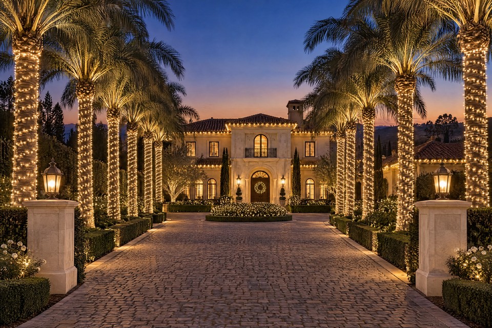 Design visualization: Mediterranean villa at the end of a cobblestone drive lined with palms wrapped in warm white lights, with C9 eaves and lit hedges.