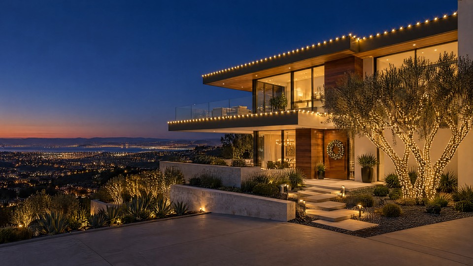 Design visualization: California modern home at night above valley city lights, with warm white C9 roof edges and a wrapped olive tree by the steps.