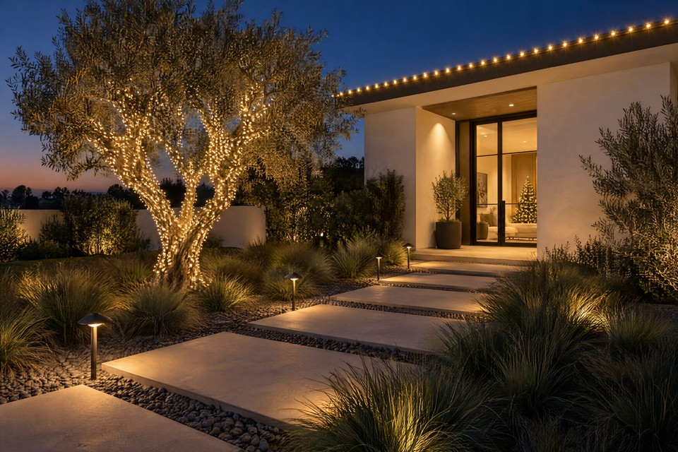 Design visualization: concrete step pads with warm path lights crossing a gravel garden past a wrapped olive tree to a modern glass entry.
