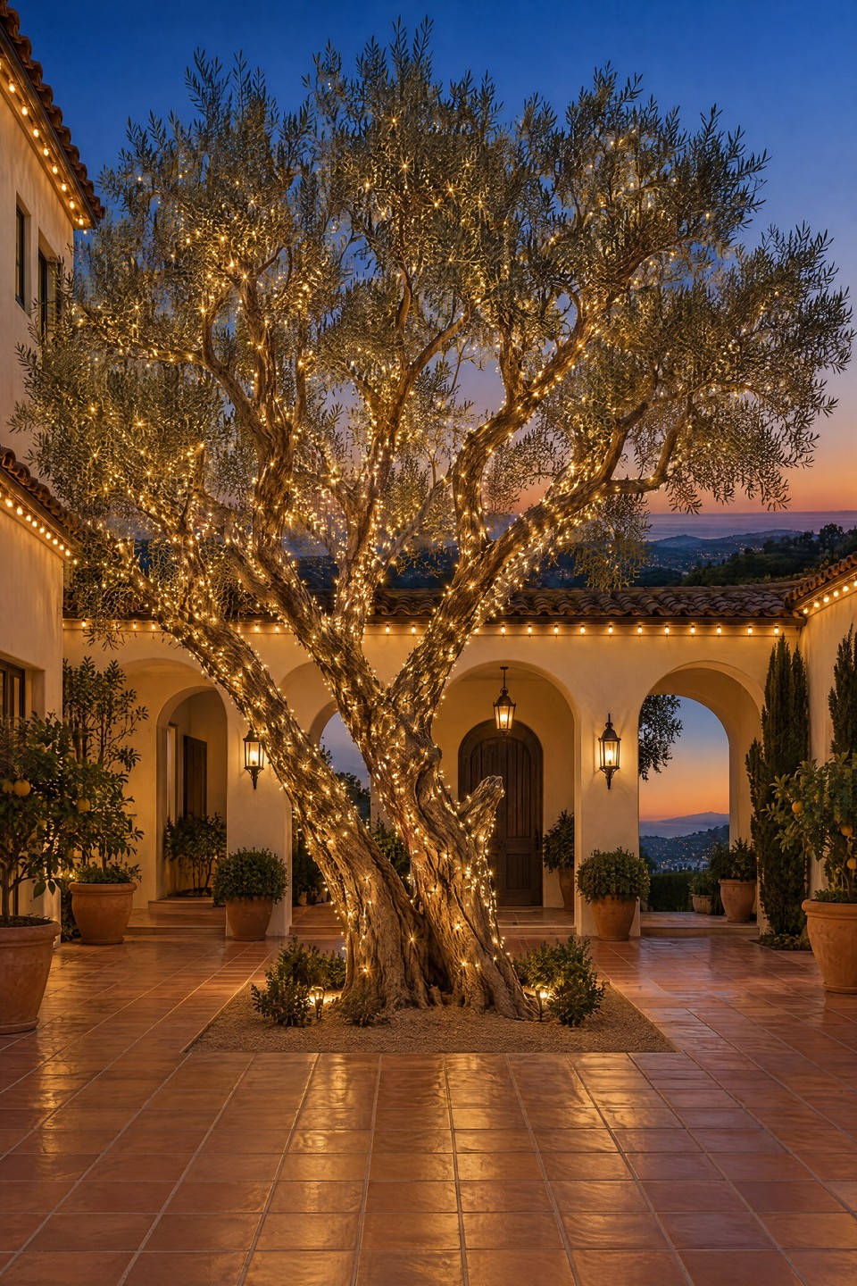 Design visualization: old olive tree wrapped in warm white lights in a terracotta courtyard with an arched loggia and C9 bulbs along the tile eave.