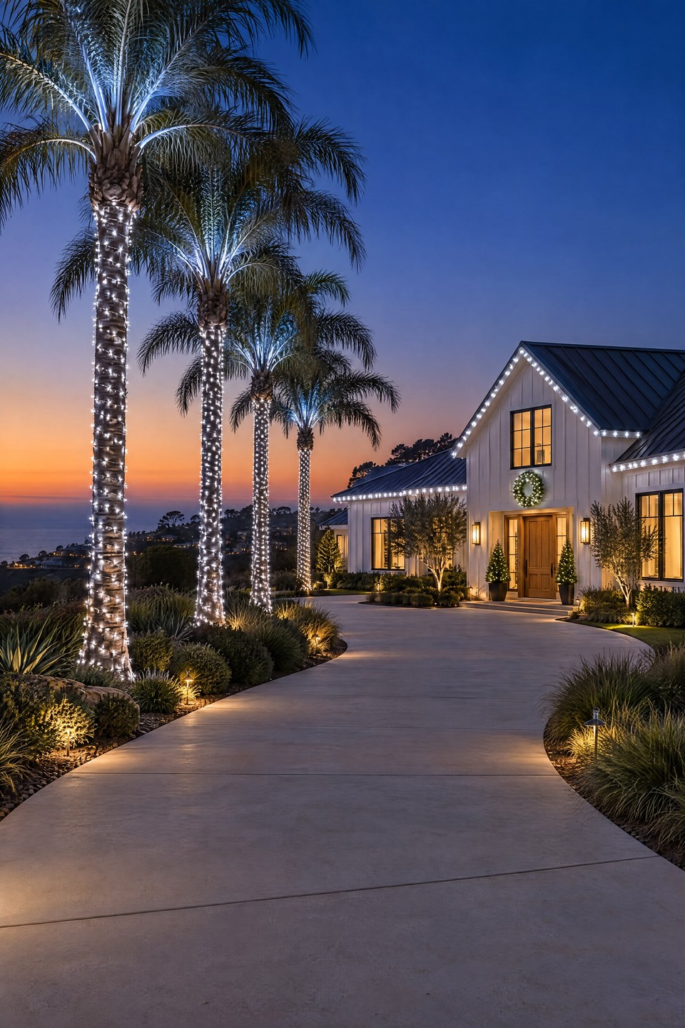 Design visualization: curving driveway lined with queen palms wrapped in cool white lights, leading to a white farmhouse with cool white C9 gables.