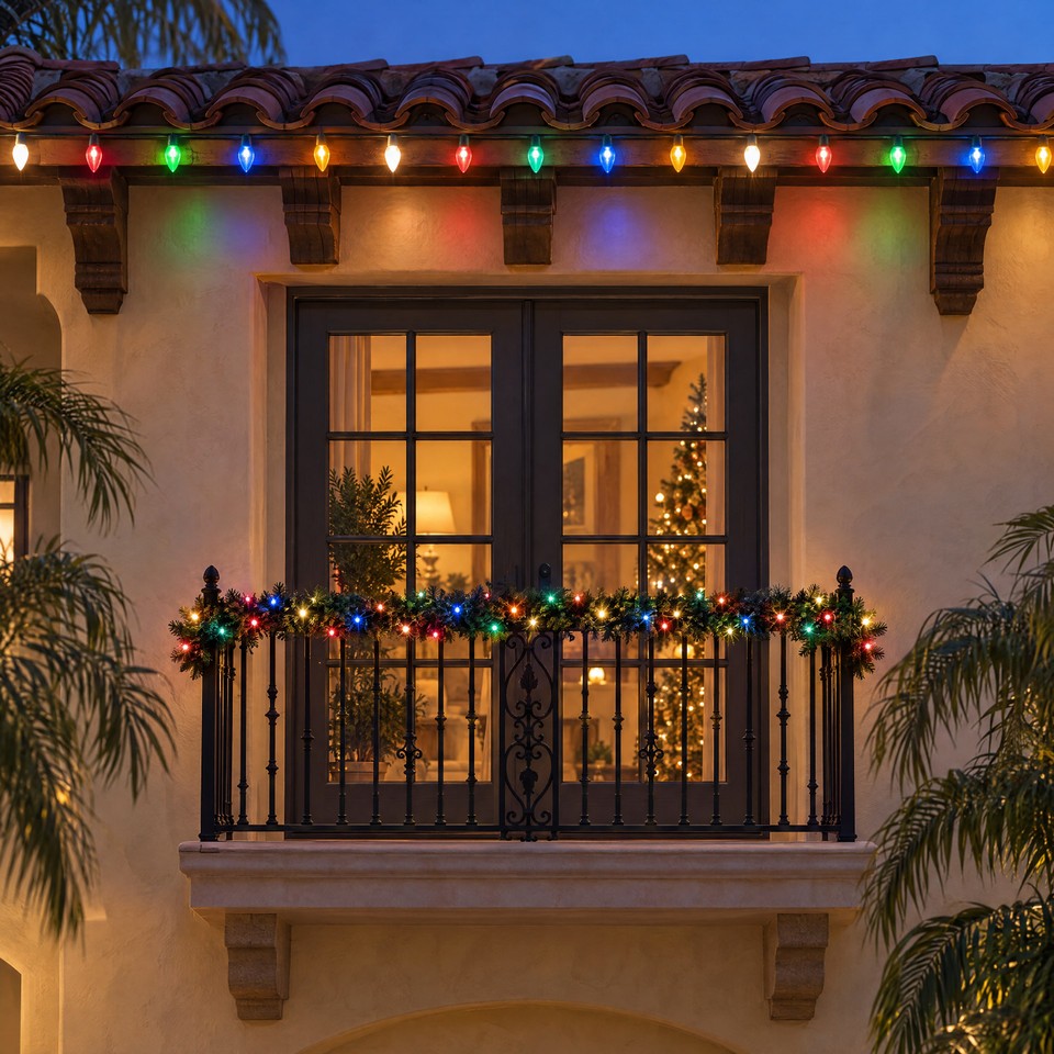 Design visualization: tile eave with multicolor C9 bulbs above French doors and a wrought-iron balcony wrapped in garland with multicolor lights.