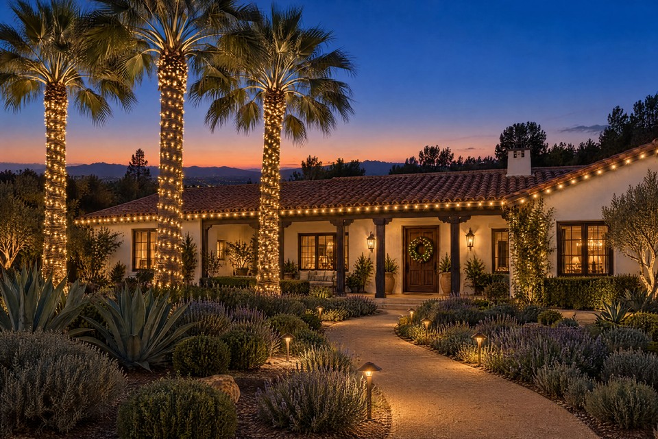 Design visualization: single-story Spanish hacienda at blue hour with warm white C9 eaves, three wrapped fan palms and path lights along a curving walk.