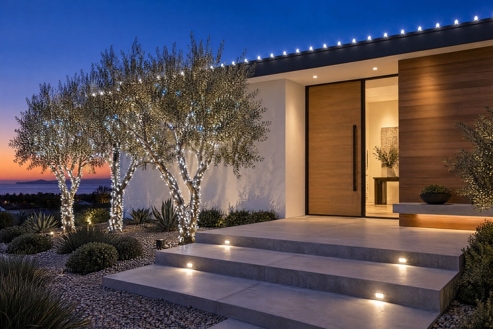 Design visualization: modern oak-door entry with cool white C9 bulbs on the flat roof edge and three olive trees wrapped in cool white lights.