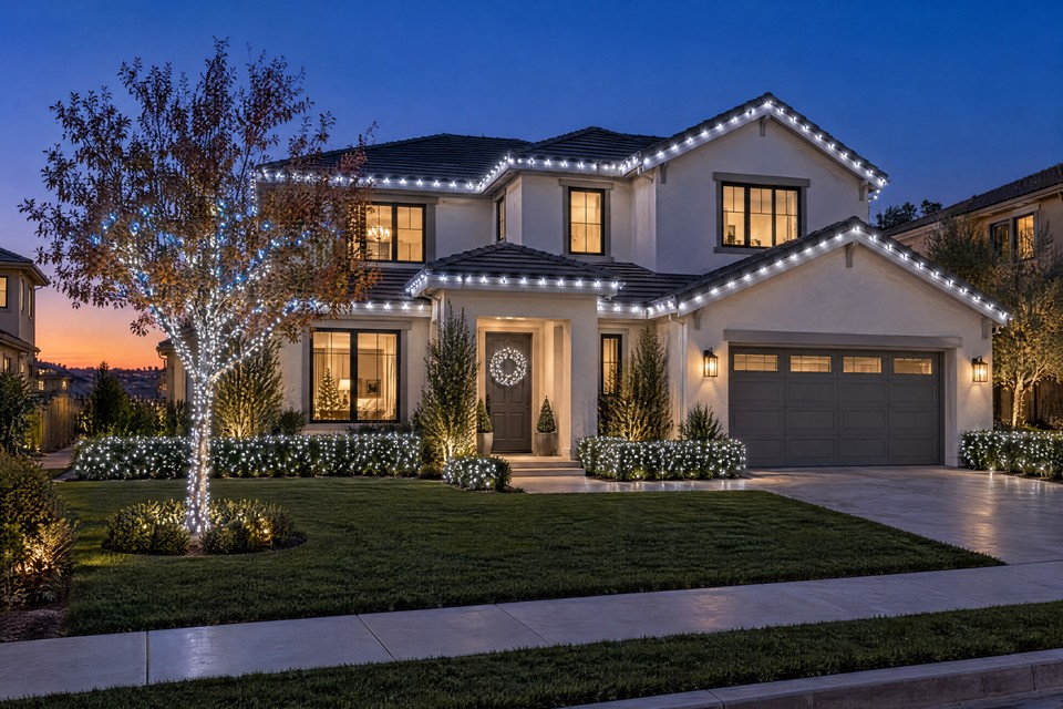 Design visualization: white two-story home at blue hour with cool white C9 eaves, a lit wreath, glowing hedges and a tree in white and ice-blue lights.