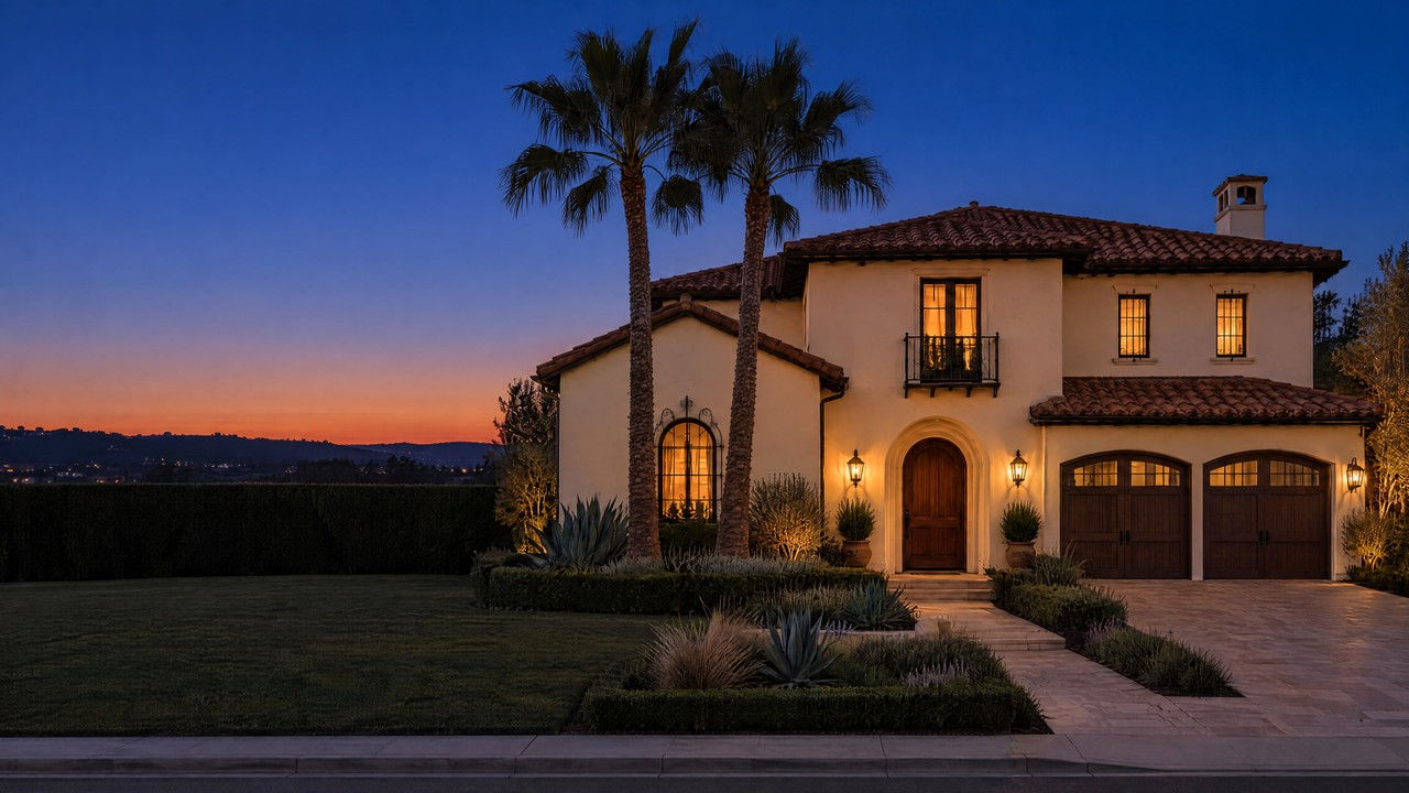A California home before its holiday lights are switched on; design visualization.