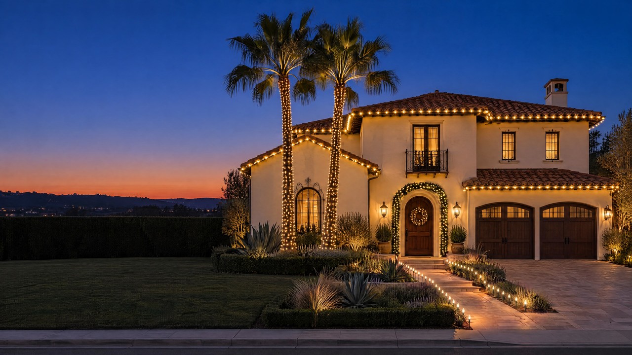 The same California home with warm holiday lights along the roof and palms; design visualization.