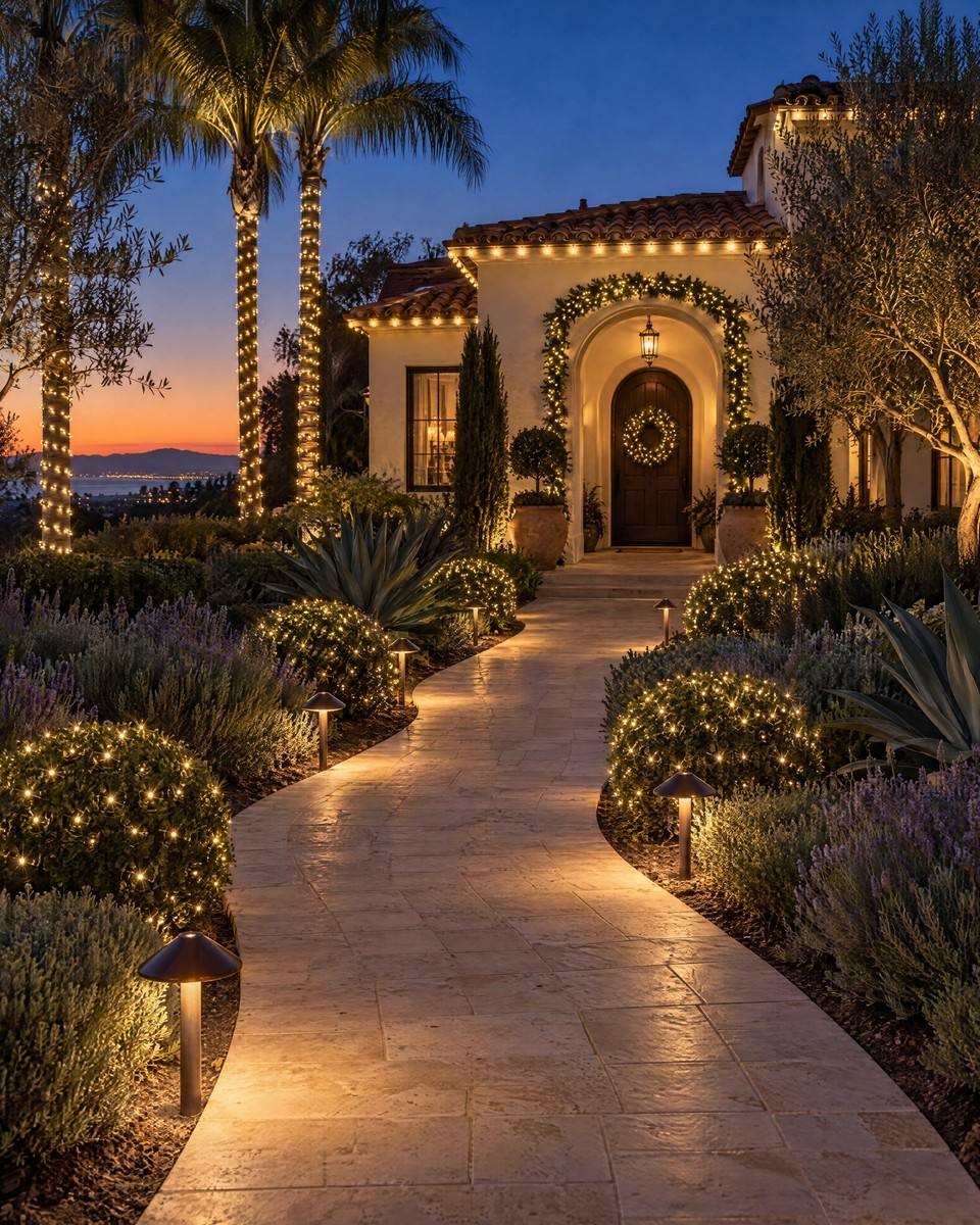 Design visualization: curving stone front walk with low path lights, lit boxwood spheres and lavender leading to a garland-framed arched entry.
