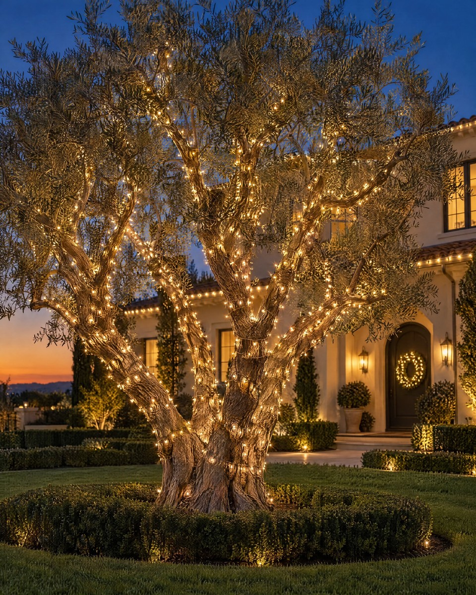 Design visualization: mature olive tree with trunks and branches wrapped in warm white mini lights in front of a softly lit home at blue hour.