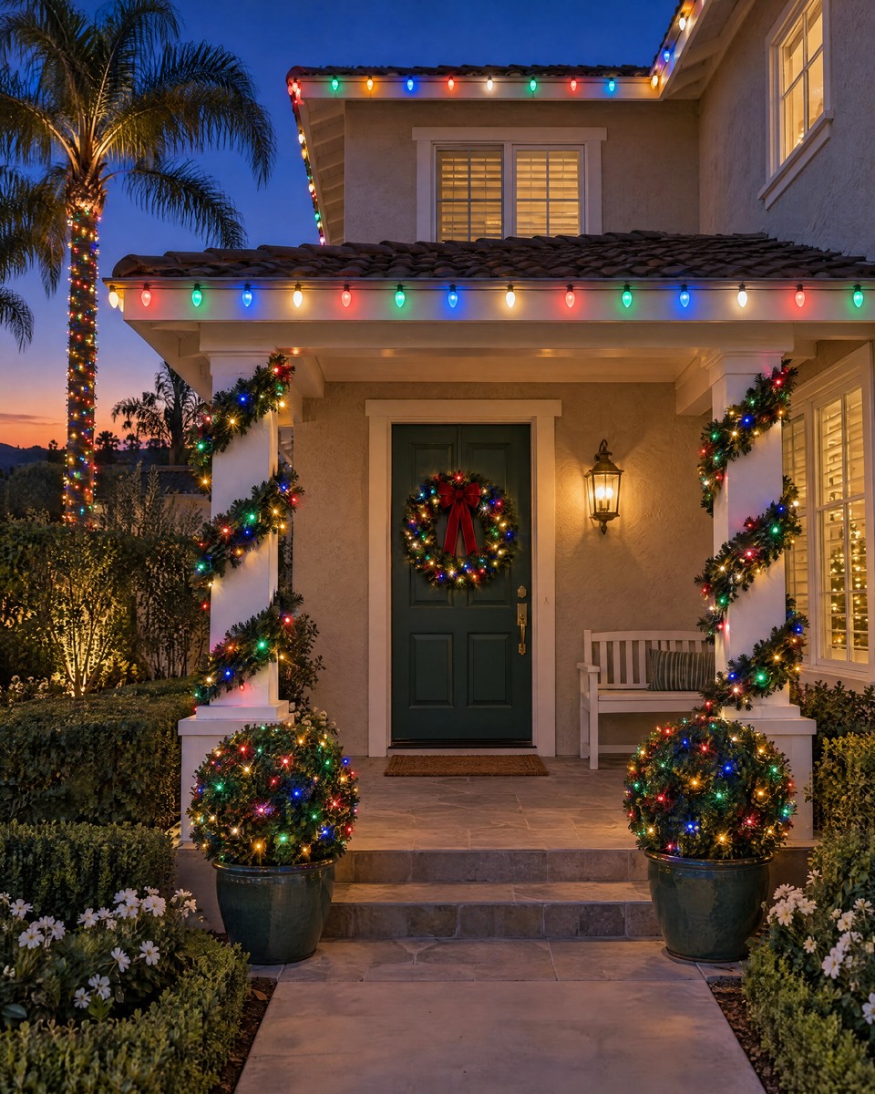Design visualization: front porch at blue hour with multicolor C9 bulbs on the eaves, garland-wrapped columns, a wreath with a red bow and lit boxwood balls.