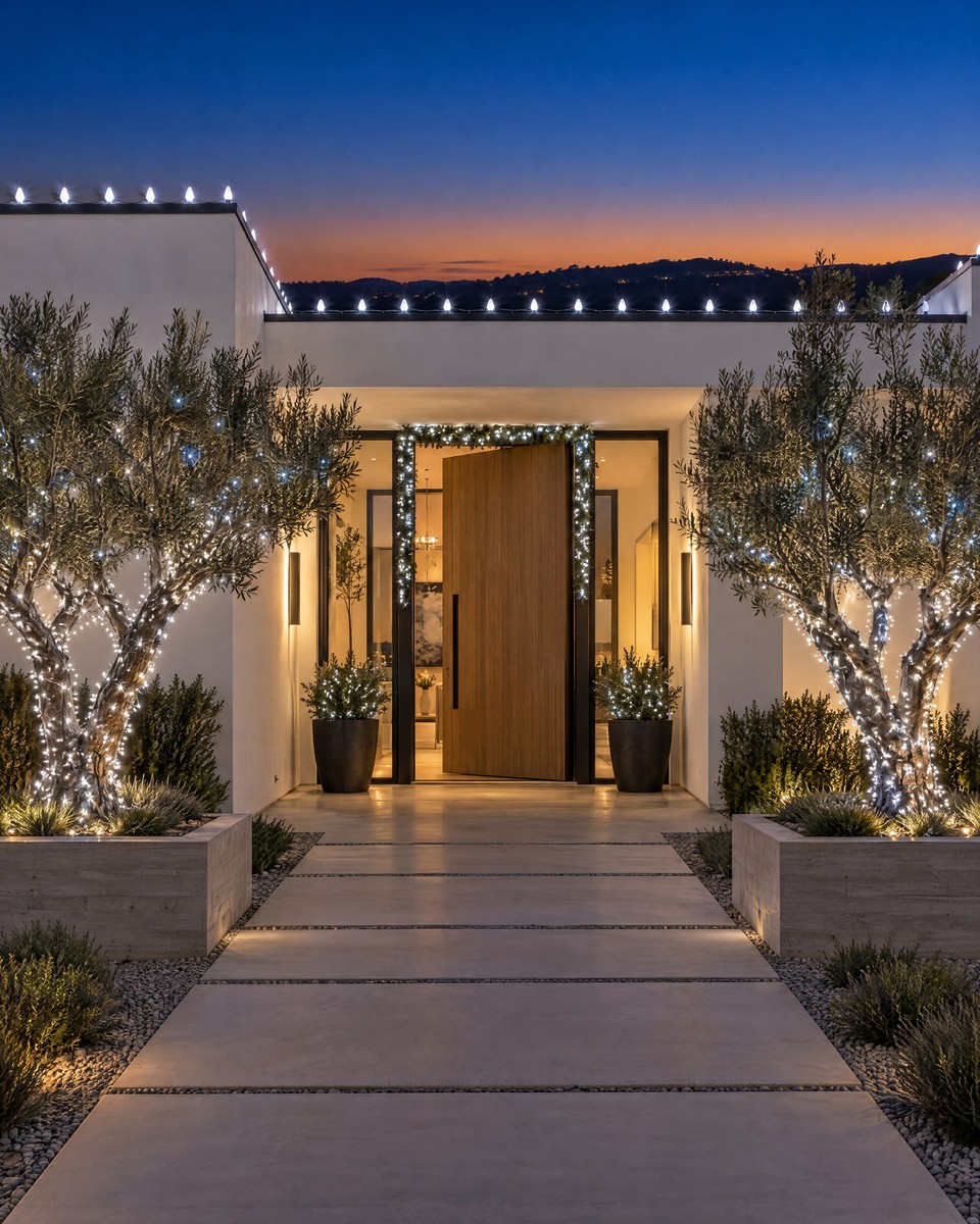Design visualization: white modern entry at blue hour with cool white C9 bulbs on the flat roof edge and olive trees in cool white and ice-blue lights.