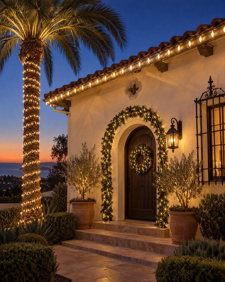 Design visualization: Spanish Revival entry at blue hour with warm white C9 bulbs under the tile eave, a lit garland arch, a wreath and a wrapped palm.